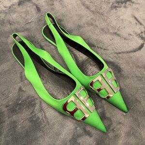 Balenciaga BB Pointed-Toe Slingback Flats – Neon Green – Size 35.5 (Never Worn)